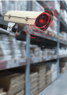CCTV camera with digital targeting overlay in a warehouse